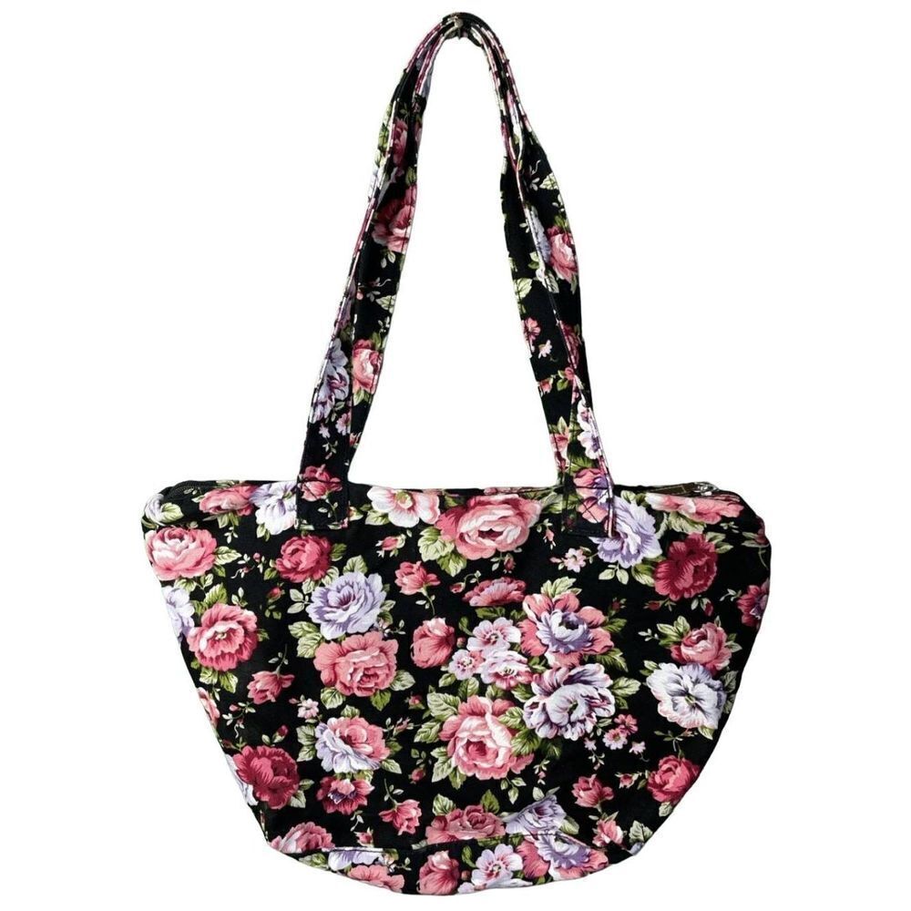 Pink Blooming Rose Floral Canvas Shoulder Hand Bag Purse Double Zipper